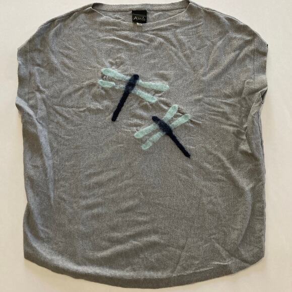 Aaeda Women's Gray Short Sleeve Sweater Sz Medium Needle Felted Art Dragonfly - Picture 1 of 7